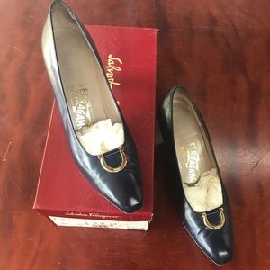 Salvatore Ferragamo Navy Calf Heels